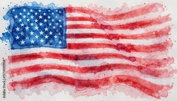 Fototapeta  Effervescent watercolor paints blend creating a seamless flag design. A vibrant display of American pride in artistic form.