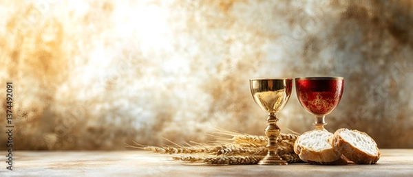 Obraz holly communion elements on modern beige structured wall background; simple, elegant & bright christian church traditional sacrament photo