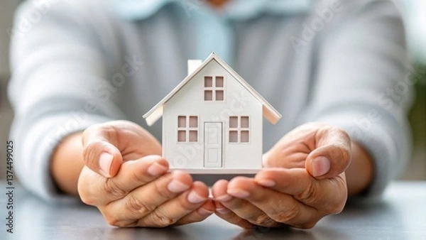 Obraz A person holds a small model house, symbolizing home ownership, real estate, and the importance of family and shelter.