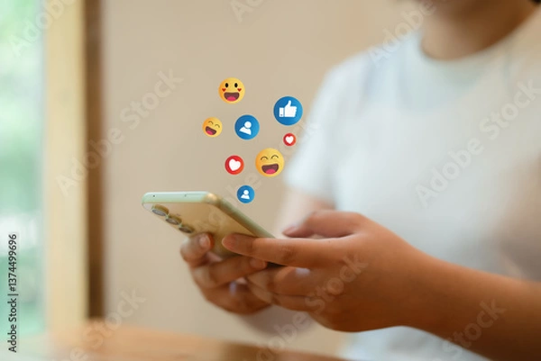 Obraz The concept of living on vacation and playing social media. Social media and digital online concept, man using smart phone with Social media. Social Distancing ,Working From Home concept..