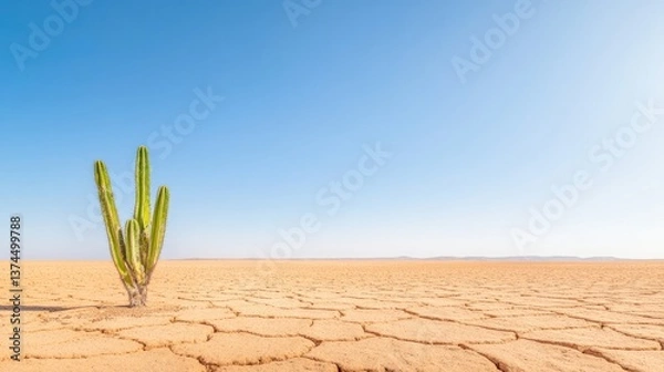Fototapeta barren desert landscape under scorching sun featuring lone resilient cactus standing tall in foreground jagged shadows