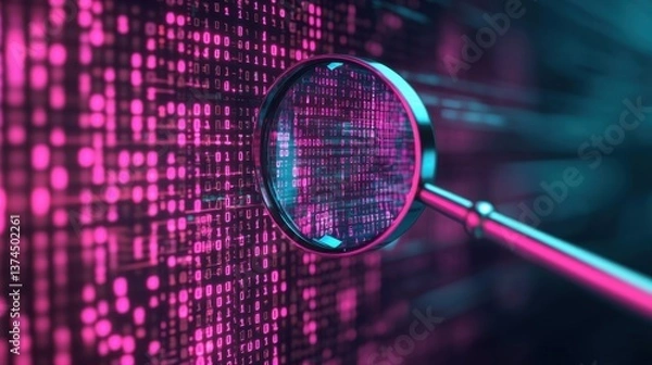 Fototapeta Magnifying Glass Over Binary Code With Neon Pink and Blue Colors