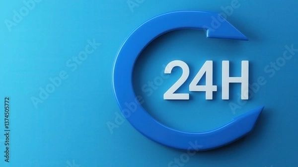 Fototapeta Blue Circular Arrow with 24H Text on Light Blue Background