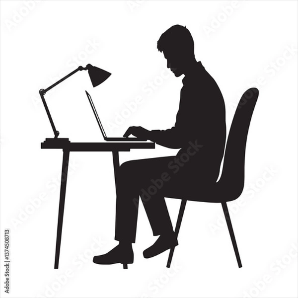 Fototapeta Silhouettes of a man working on laptop sitting in a chair.