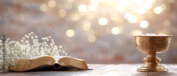 Obraz bright, optimistical photo with open bible book & white pure flowers on bokeh glossy background; concept of first holly communion; copy space