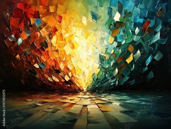 Fototapeta Vibrant abstract oil painting, dynamic color blocks converging towards a central light source, textured impasto style.