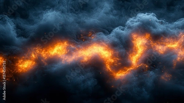 Fototapeta Abstract dark clouds with fiery, energetic, vibrant orange streak