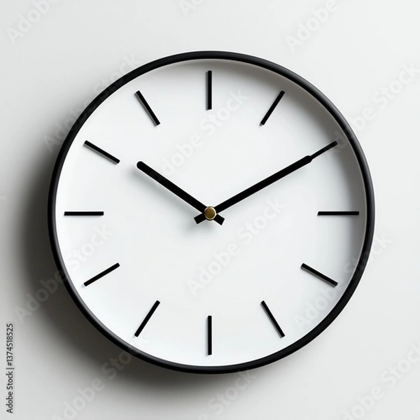 Obraz A modern wall clock with a simplistic design, featuring a white face and black hour markers. Ideal for home decor or office settings, adding elegance to any interior.