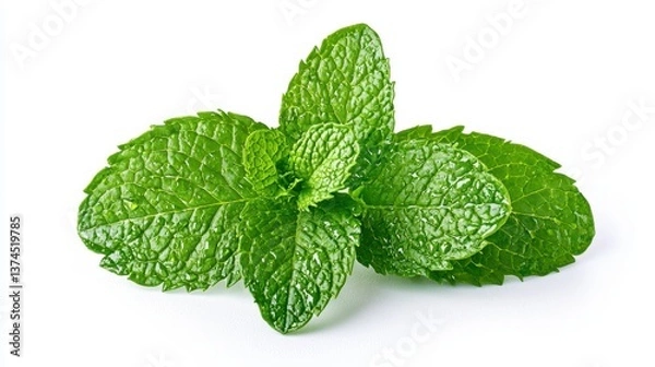 Fototapeta Fresh water mint leaves isolated on a white background showcasing their vibrant green color and textured surface