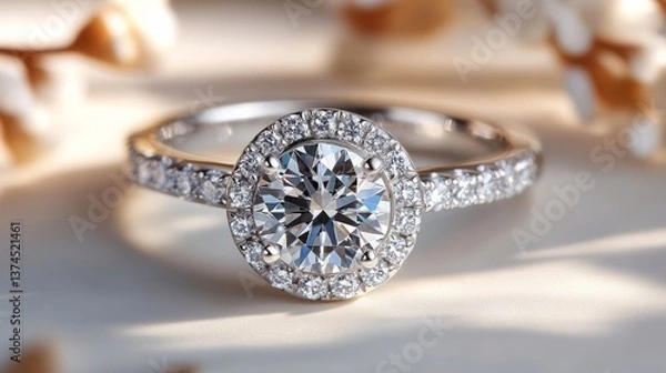 Fototapeta A beautiful white gold ring featuring a brilliant round diamond, surrounded by pave diamonds, glowing softly on a white background 