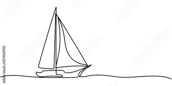 Obraz Single line continuous drawing of sailboat or yacht one line drawing outline vector art illustration, Continuous one line drawing of sailboat. Business icon. Vector illustration, continuous line draw.