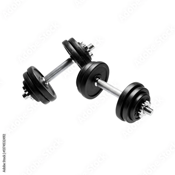 Fototapeta Halteres de academia pretos com barra e anilhas metálicas flutuando. Par de halter caindo em movimento dinâmico