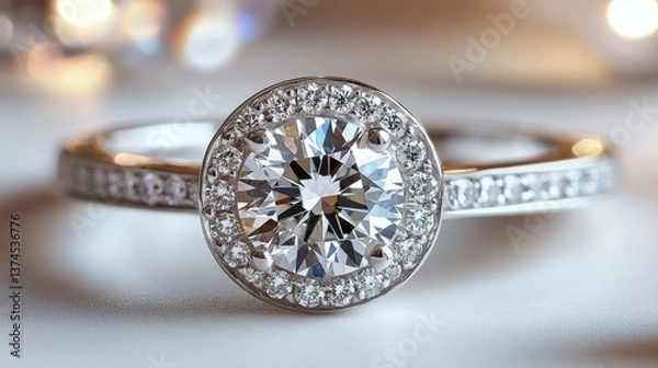 Fototapeta An elegant white gold band with a solitaire brilliant round diamond, surrounded by smaller diamonds on the band, soft white surface