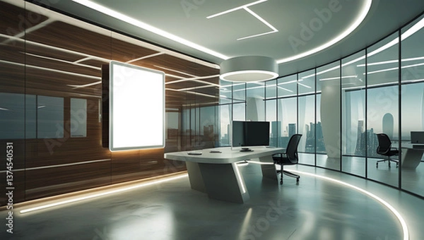 Obraz Modern executive office bathed in soft ambient lighting, featuring a large blank poster mockup. Chair and an artistic floor lamp casting subtle shadows.