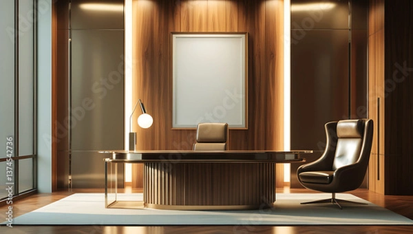 Obraz Modern executive office bathed in soft ambient lighting, featuring a large blank poster mockup. Chair and an artistic floor lamp casting subtle shadows.