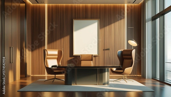 Obraz Modern executive office bathed in soft ambient lighting, featuring a large blank poster mockup. Chair and an artistic floor lamp casting subtle shadows.