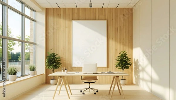 Obraz Modern executive office bathed in soft ambient lighting, featuring a large blank poster mockup. Chair and an artistic floor lamp casting subtle shadows.