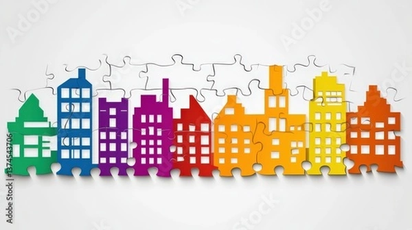 Obraz Colorful Puzzle Pieces Forming a Neighborhood Scene with Stylized Buildings in Bright Vibrant Colors Representing Community and Togetherness in a Fun and Playful Manner