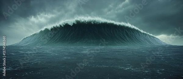 Fototapeta Giant wave. Cresting, powerful. Stormy weather. Dark teal water. Overcast sky with low-hanging clouds