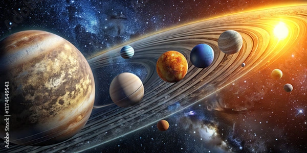 Fototapeta Celestial bodies from the solar system are arranged with their distinctive rings and colors. The sun shines brightly in the background, creating a stunning cosmic view