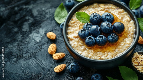 Fototapeta Bowl of blueberry and almond porridge with honey on a dark wooden background, close-up view. Diner style. Studio shot.