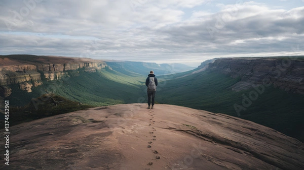Fototapeta Hiker Standing on Cliff Edge Overlooking Valley