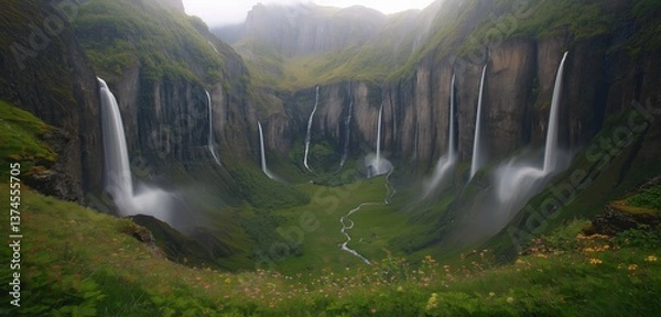 Fototapeta A deep fjord where multiple waterfalls crash down in synchronized streams, sending mist into the cool air. The lush green valley below is dotted with tiny wildflowers.