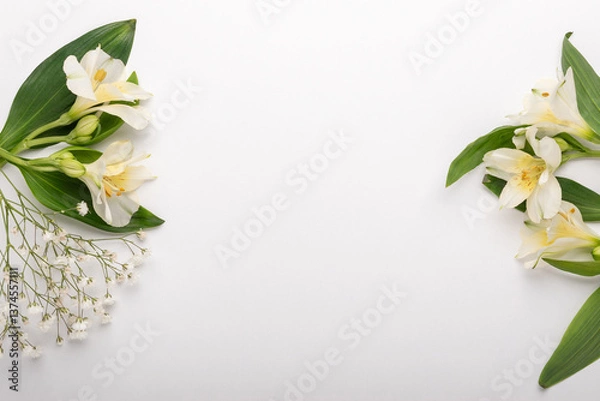 Fototapeta Mock up made with flowers on white background. Minimal concept.