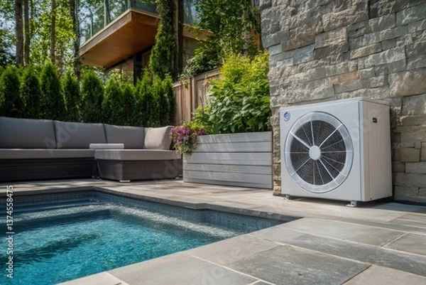 Fototapeta Modern pool heater system installed next to contemporary outdoor lounge area Generative AI