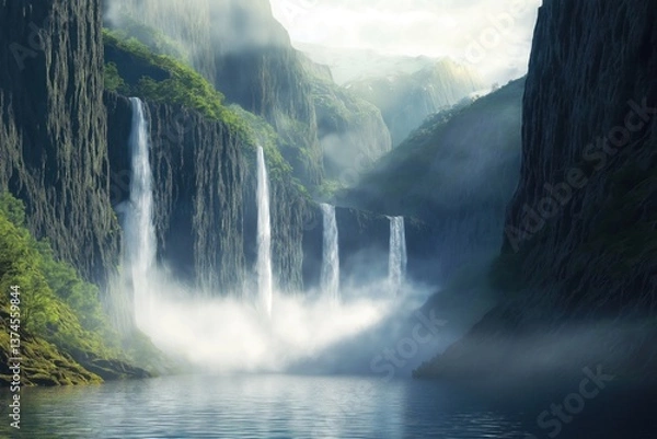 Fototapeta A fjord enveloped in early morning fog, with waterfalls barely visible through the mist. The sound of rushing water echoes between the towering cliffs, creating a mystical and enchanting atmosphere.