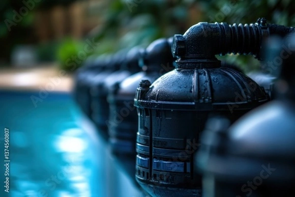 Fototapeta Close up view of a pool pump system with water flowing nearby Generative AI
