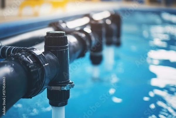 Fototapeta Close up view of a pool pump system with water flowing through pipes Generative AI