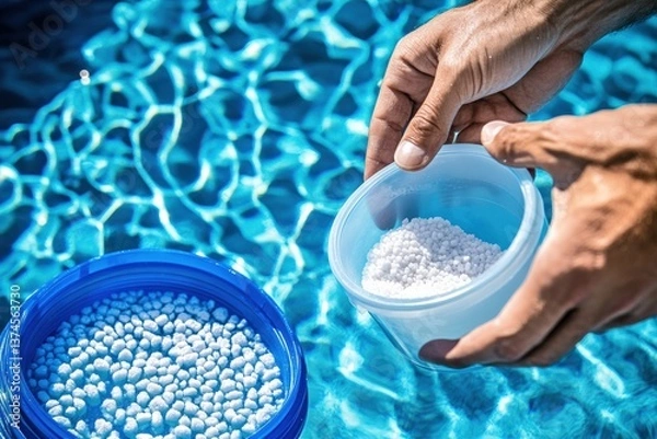 Fototapeta Refilling pool salt chlorinator with granules beside the water Generative AI