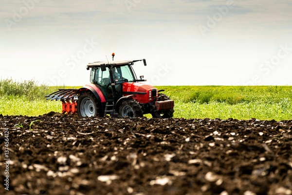 Obraz Agricultural scene of a modern tractor plowing fertile farmland with a cloudy sky backdrop