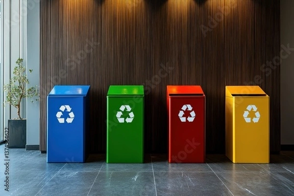 Fototapeta Neatly arranged waste bins for recycling clearly labeled in a modern setting Generative AI