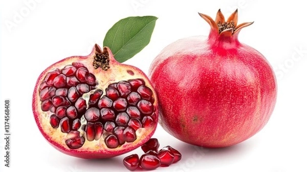 Fototapeta Fresh whole and halved pomegranate with seeds on white background close-up.