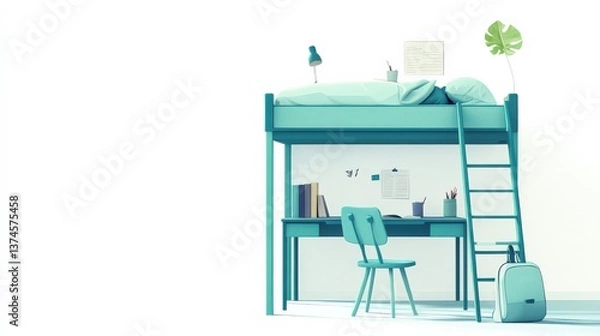 Fototapeta Modern and Stylish Children's Bedroom with Lofted Bed, Desk, Chair, and Minimalist Decor for Productive Study and Relaxation