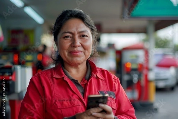 Fototapeta Portrait of a smiling middle aged Mexican female gas station worker using a smartphone