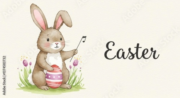 Fototapeta Watercolor Easter Bunny Musician with Egg - A cute bunny holds a decorated Easter egg and a music note, symbolizing spring, new life, music, celebration, and Easter joy. Watercolor