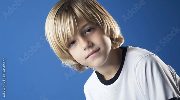 Fototapeta Editoral photo of a blonde girl or boy in white t-shirt with black edges, one color studio background, half-body portrait