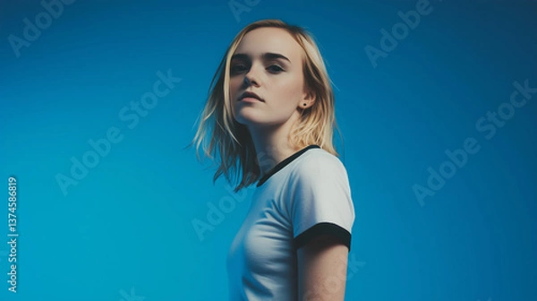 Fototapeta Editoral photo of a blonde girl or boy in white t-shirt with black edges, one color studio background, half-body portrait