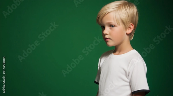Fototapeta Editoral photo of a blonde girl or boy in white t-shirt with black edges, one color studio background, half-body portrait
