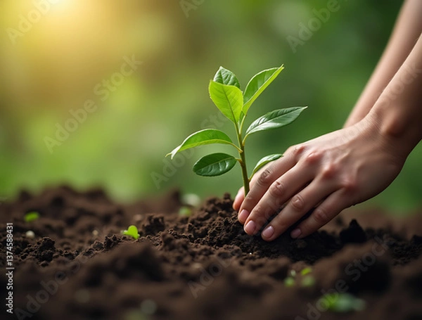 Fototapeta Hands planting a young tree in fertile soil, symbolizing environmental conservation, reforestation, and sustainable earth care