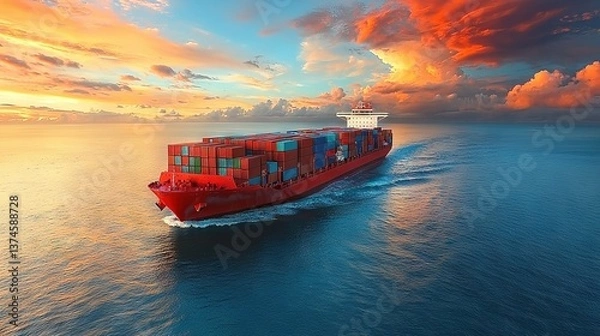 Fototapeta   A massive container ship stands out against a cloudy sky as it docks at a large cargo ship moored in the center of a vast body of water