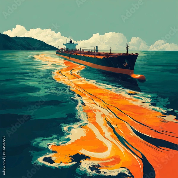 Obraz Illustration of an oil tanker leaking oil