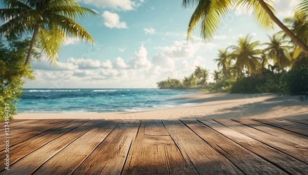 Fototapeta Serene tropical beach scene with a wooden deck in the foreground.  Perfect for relaxation and escape.