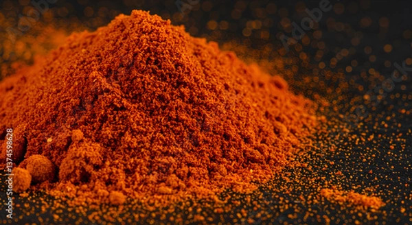 Fototapeta Vibrant Paprika Powder Pile: Culinary Spice Close-Up Against Dark Backdrop