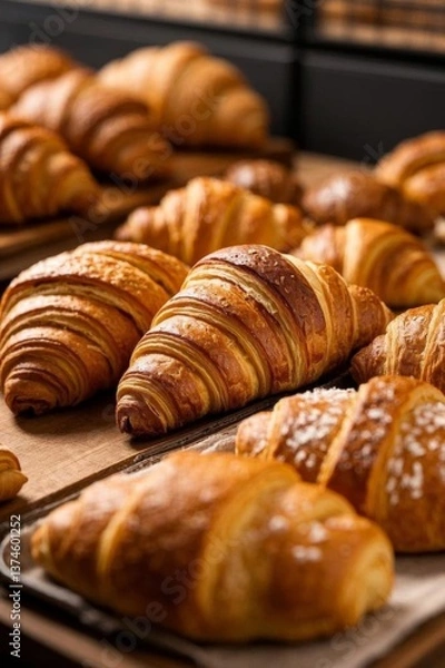 Fototapeta several croissants are lined up on a tray in a bakery