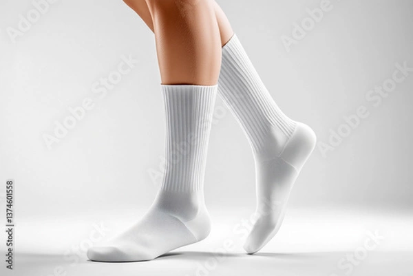 Fototapeta Close-up of a pair of white crew socks on a person's legs, against a white background with studio lighting.
