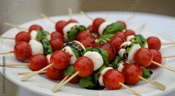Obraz Elegant Caprese Skewers with Balsamic Glaze Displayed on a White Plate